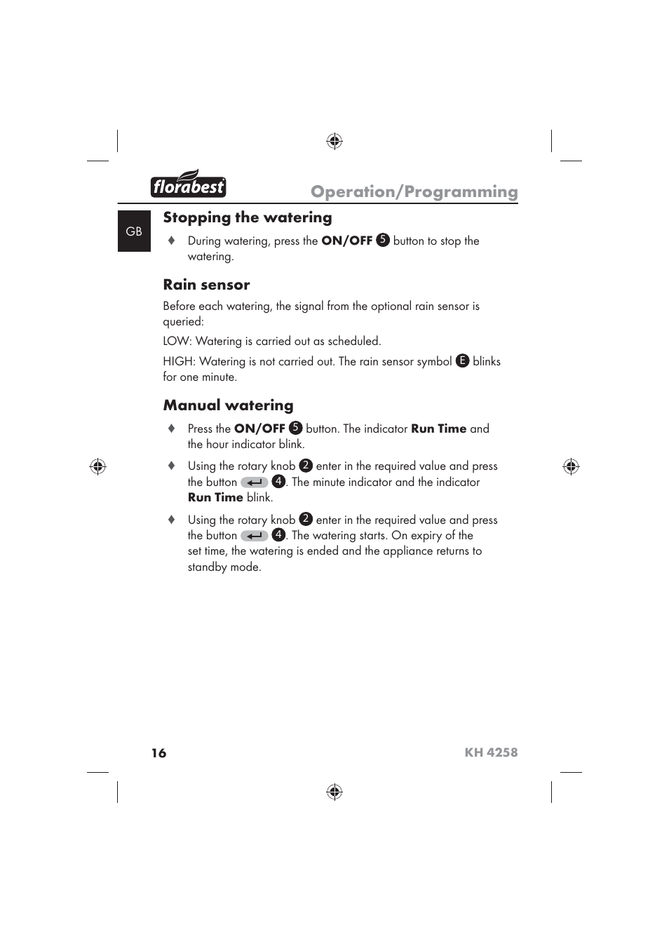 Operation/programming, Stopping the watering, Rain sensor | Manual watering | Florabest KH 4258 User Manual | Page 18 / 170