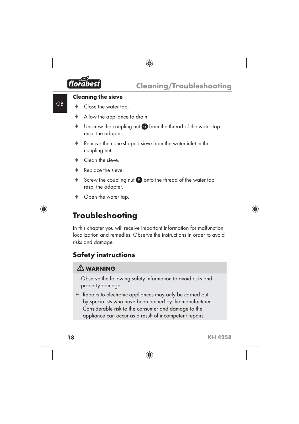 Troubleshooting, Cleaning/troubleshooting, Safety instructions | Florabest KH 4258 User Manual | Page 20 / 170