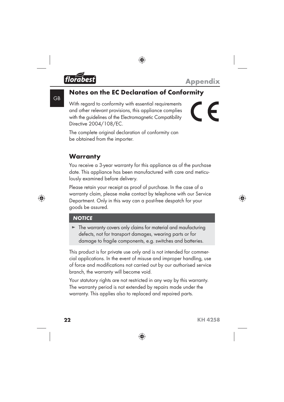 Appendix, Warranty | Florabest KH 4258 User Manual | Page 24 / 170