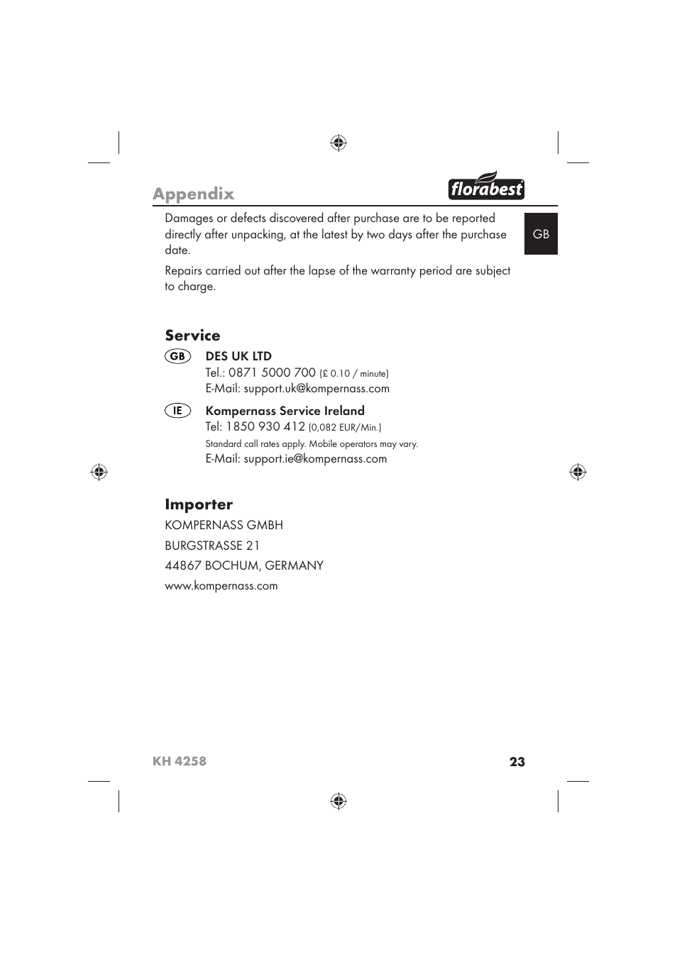 Appendix, Service, Importer | Florabest KH 4258 User Manual | Page 25 / 170
