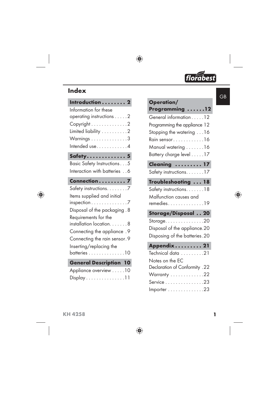 Index | Florabest KH 4258 User Manual | Page 3 / 170