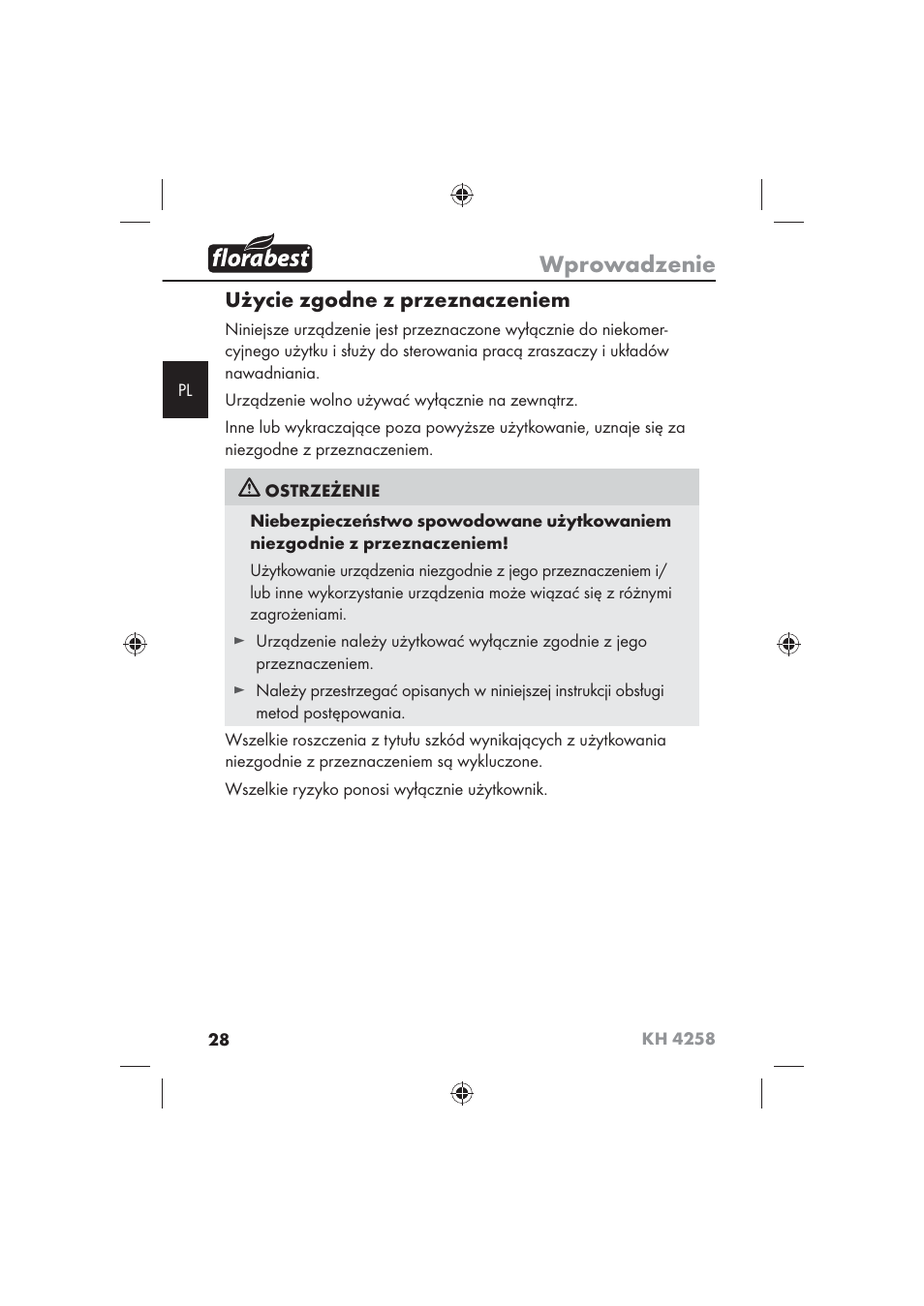 Wprowadzenie, Użycie zgodne z przeznaczeniem | Florabest KH 4258 User Manual | Page 30 / 170