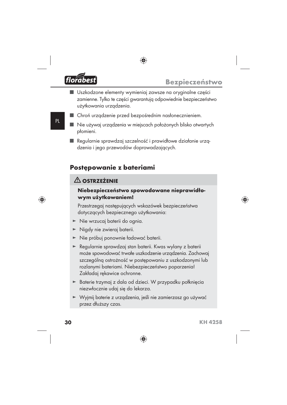 Bezpieczeństwo, Postępowanie z bateriami | Florabest KH 4258 User Manual | Page 32 / 170