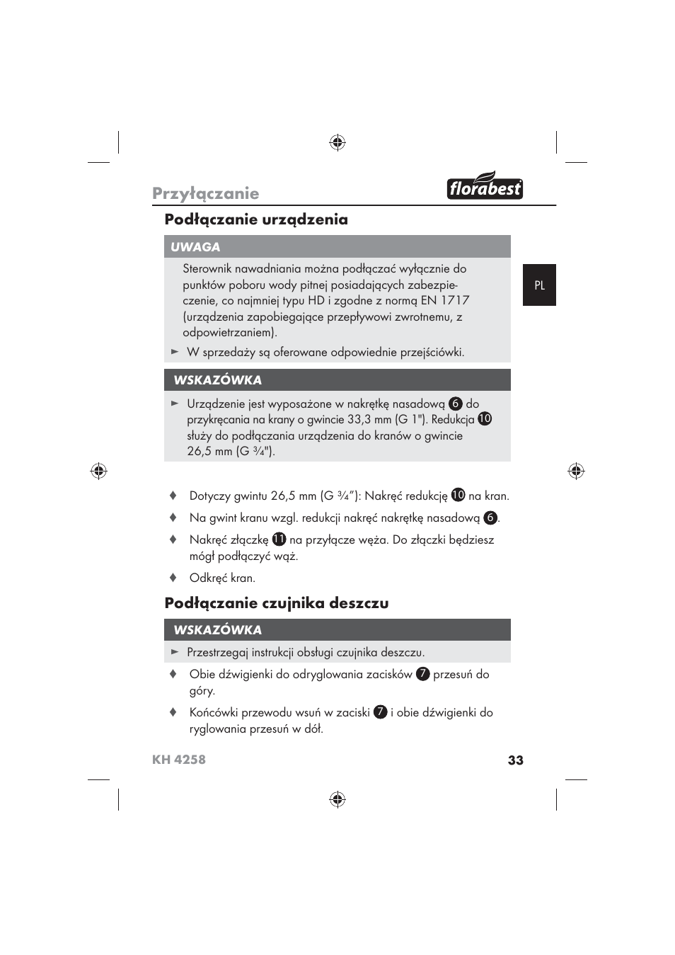 Przyłączanie, Podłączanie urządzenia, Podłączanie czujnika deszczu | Florabest KH 4258 User Manual | Page 35 / 170