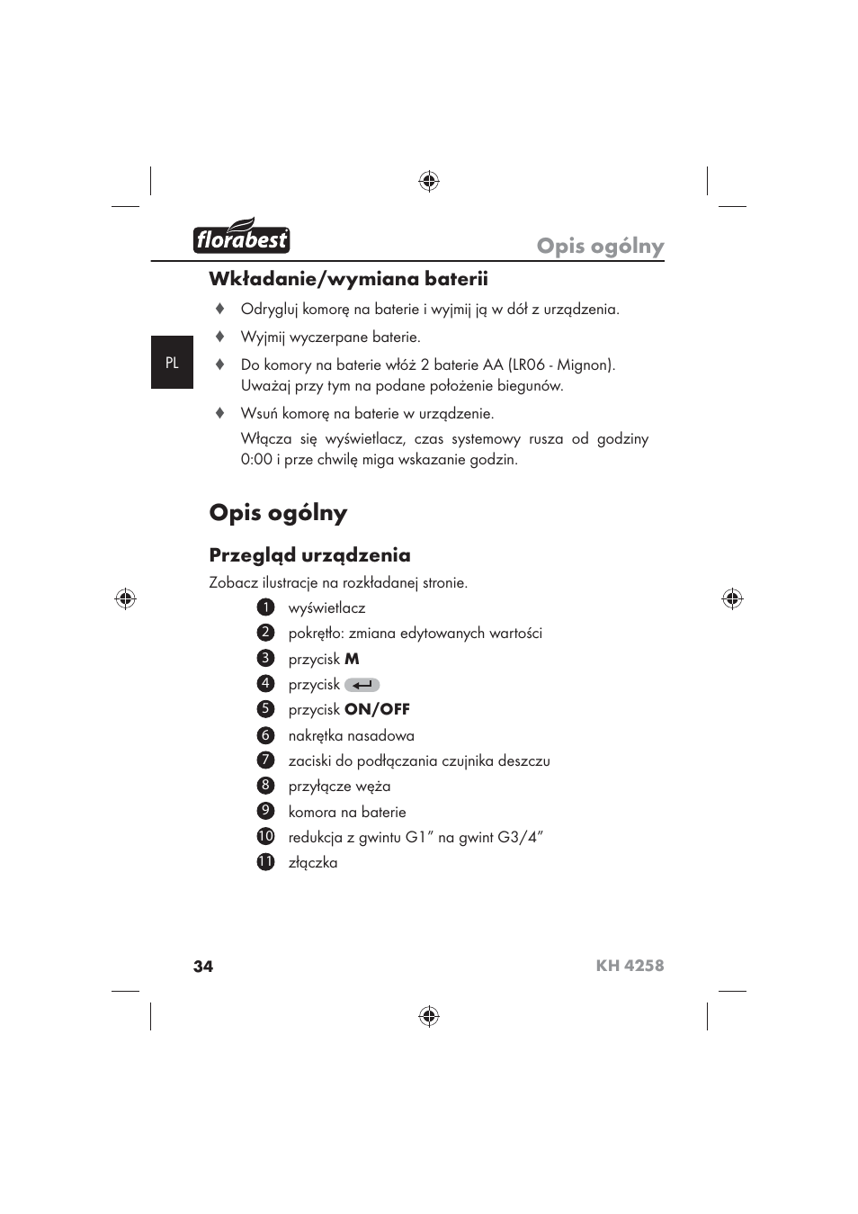 Opis ogólny, Wkładanie/wymiana baterii, Przegląd urządzenia | Florabest KH 4258 User Manual | Page 36 / 170