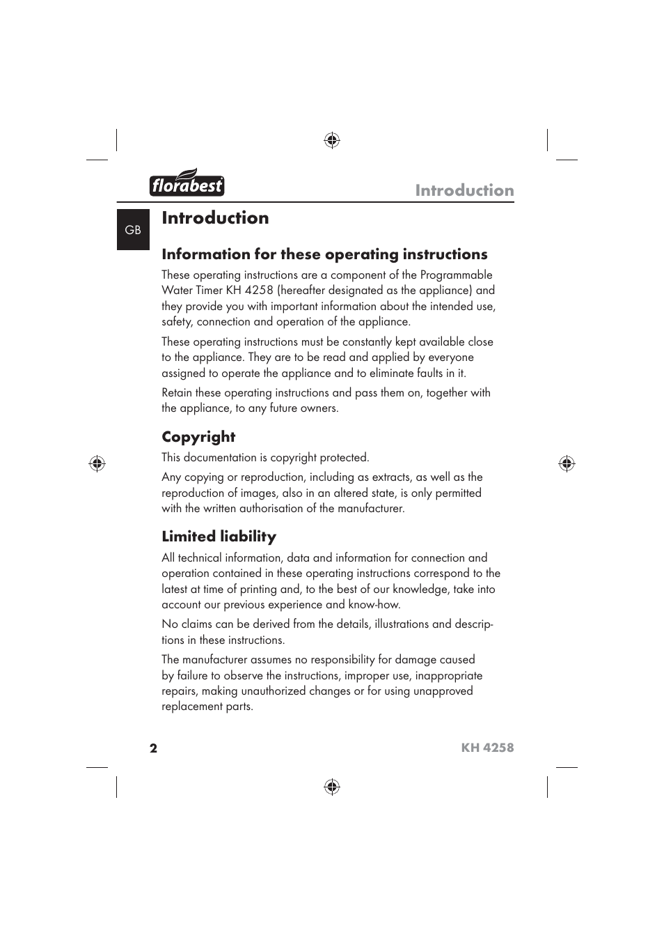 Introduction, Information for these operating instructions, Copyright | Limited liability | Florabest KH 4258 User Manual | Page 4 / 170