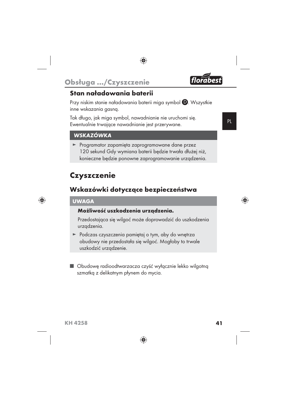 Czyszczenie, Obsługa …/czyszczenie, Stan naładowania baterii | Wskazówki dotyczące bezpieczeństwa | Florabest KH 4258 User Manual | Page 43 / 170