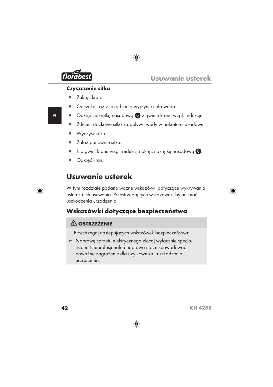 Usuwanie usterek, Wskazówki dotyczące bezpieczeństwa | Florabest KH 4258 User Manual | Page 44 / 170