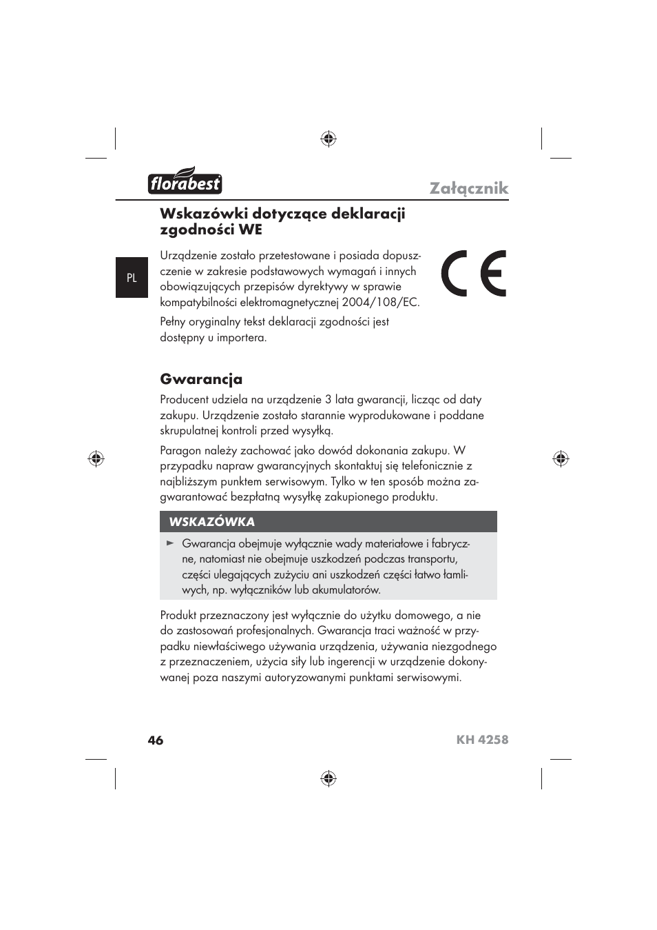 Załącznik, Wskazówki dotyczące deklaracji zgodności we, Gwarancja | Florabest KH 4258 User Manual | Page 48 / 170