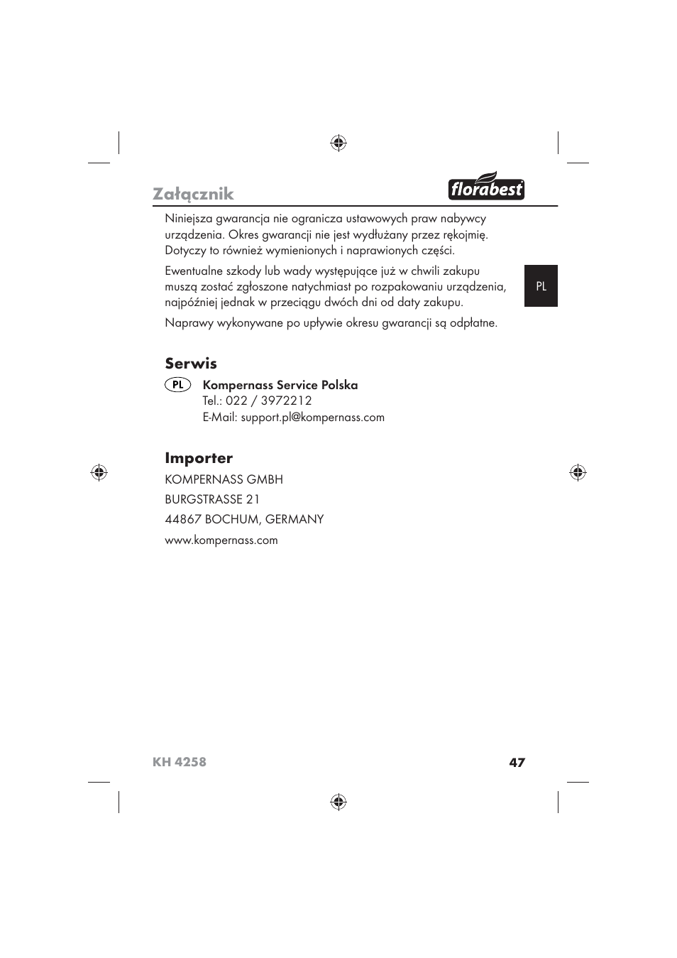 Załącznik, Serwis, Importer | Florabest KH 4258 User Manual | Page 49 / 170