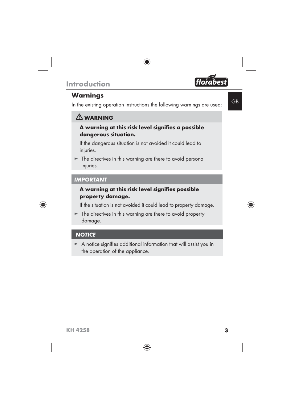 Introduction, Warnings | Florabest KH 4258 User Manual | Page 5 / 170