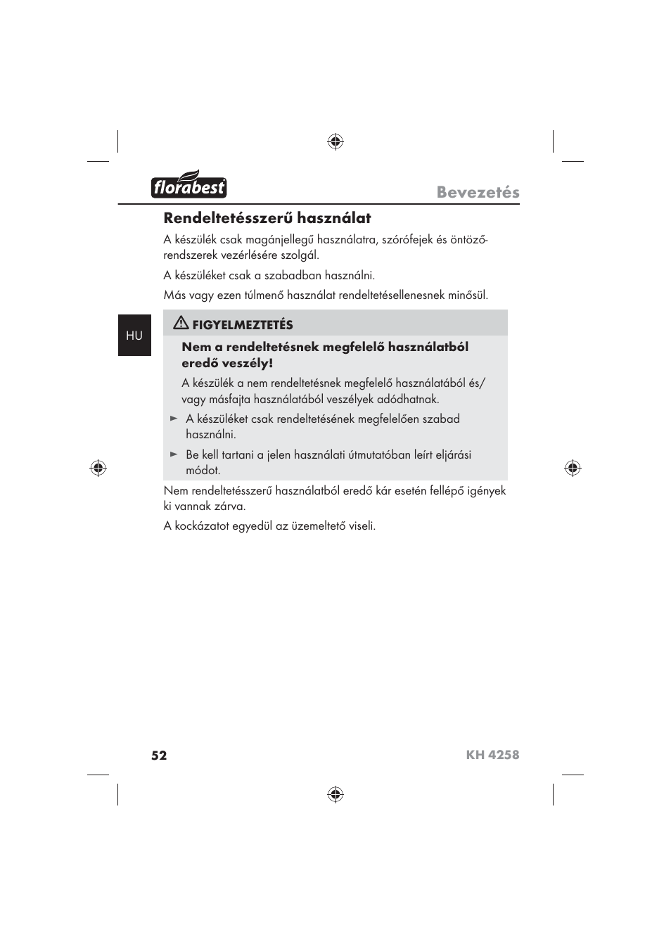 Bevezetés, Rendeltetésszerű használat | Florabest KH 4258 User Manual | Page 54 / 170