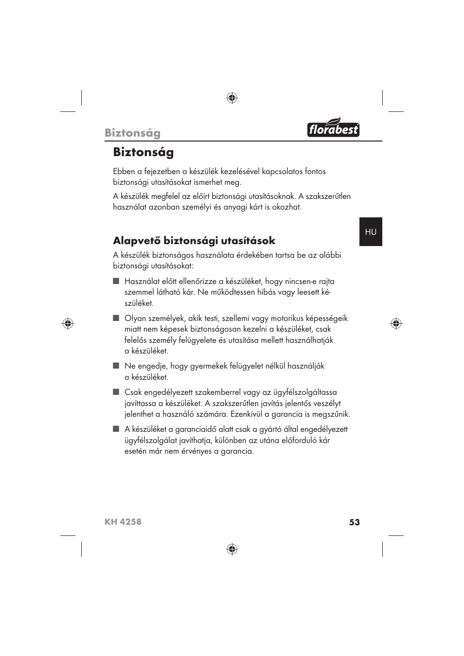 Biztonság, Alapvető biztonsági utasítások | Florabest KH 4258 User Manual | Page 55 / 170