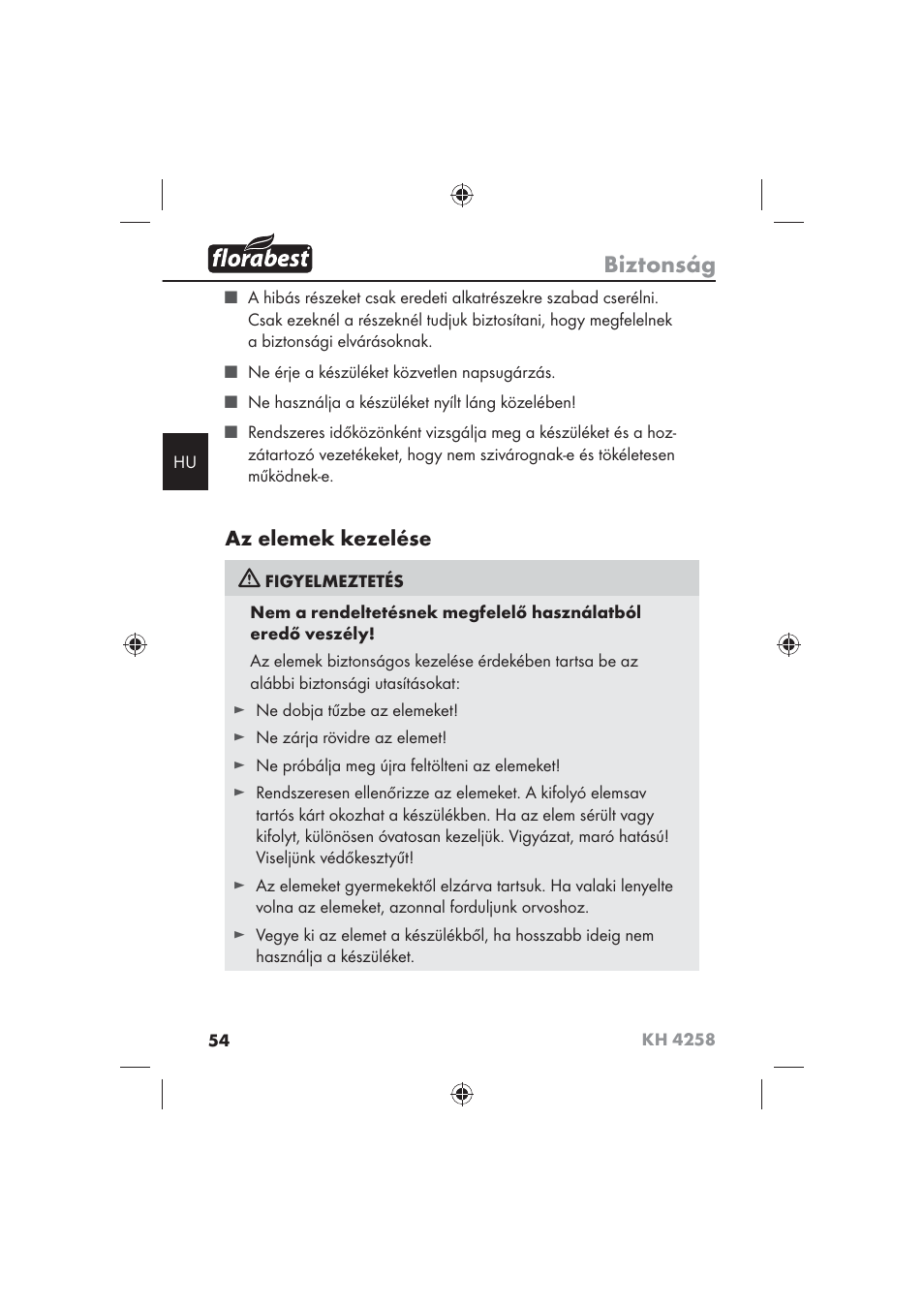 Biztonság, Az elemek kezelése | Florabest KH 4258 User Manual | Page 56 / 170