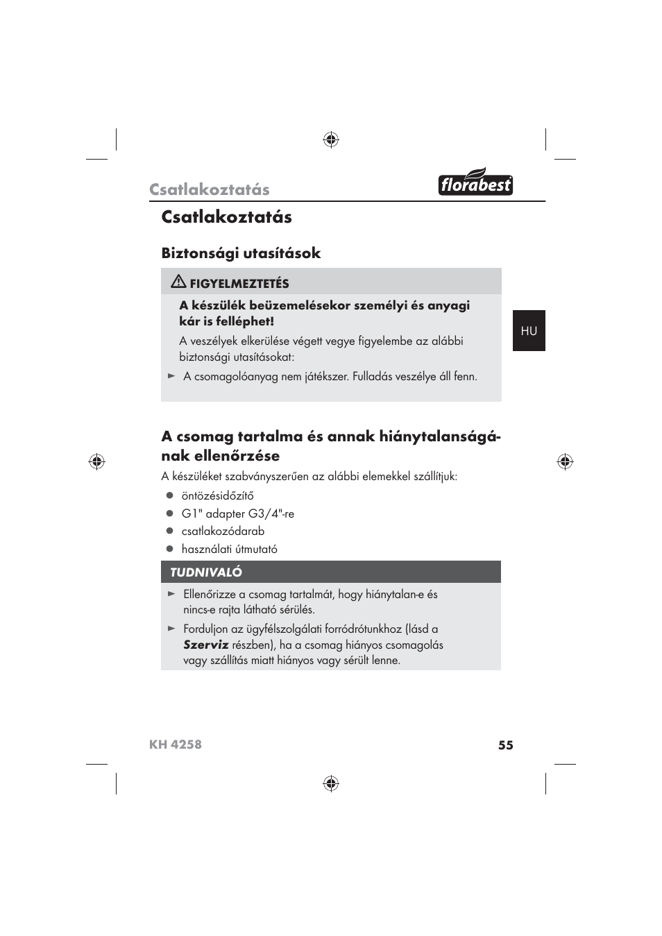 Csatlakoztatás, Biztonsági utasítások | Florabest KH 4258 User Manual | Page 57 / 170