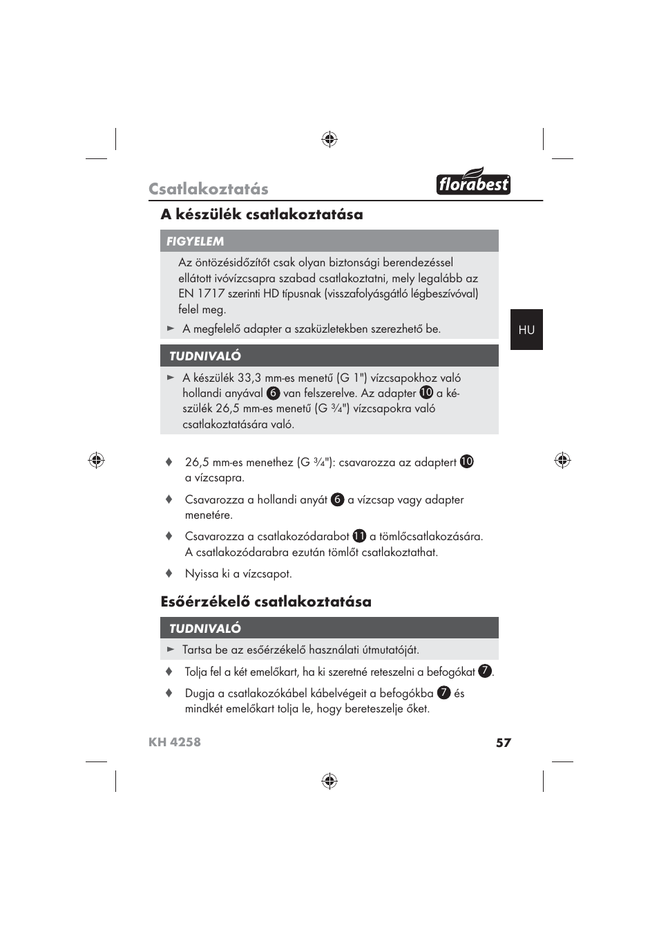 Csatlakoztatás, A készülék csatlakoztatása, Esőérzékelő csatlakoztatása | Florabest KH 4258 User Manual | Page 59 / 170