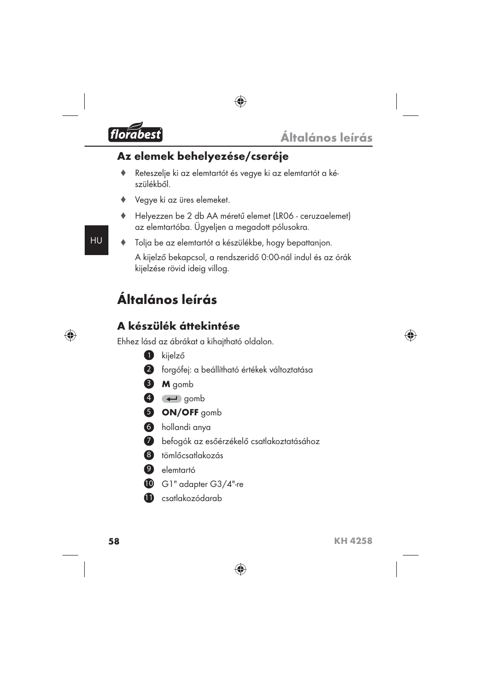 Általános leírás, Az elemek behelyezése/cseréje, A készülék áttekintése | Florabest KH 4258 User Manual | Page 60 / 170