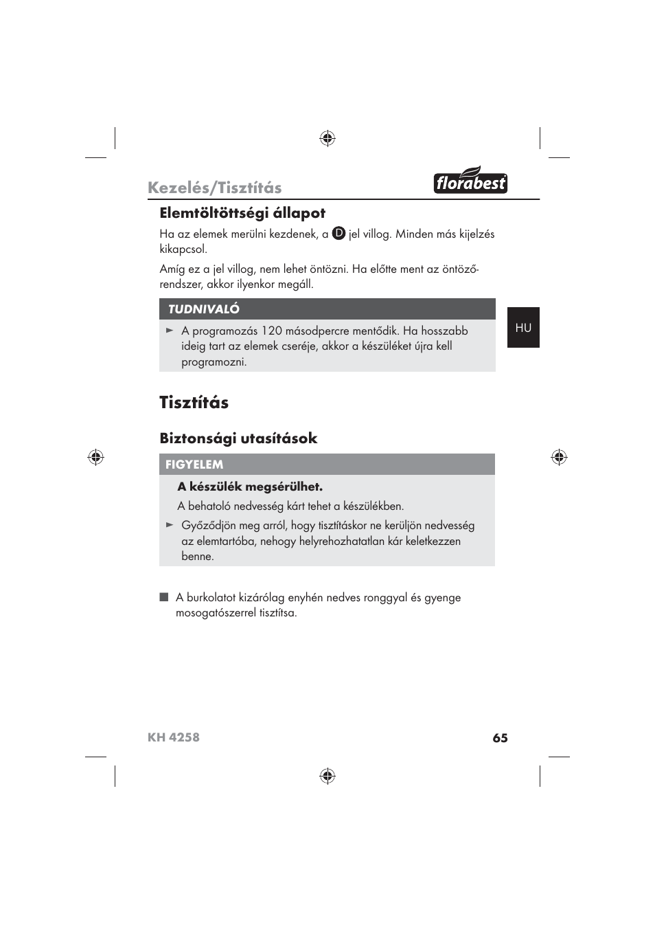 Tisztítás, Kezelés/tisztítás, Elemtöltöttségi állapot | Biztonsági utasítások | Florabest KH 4258 User Manual | Page 67 / 170