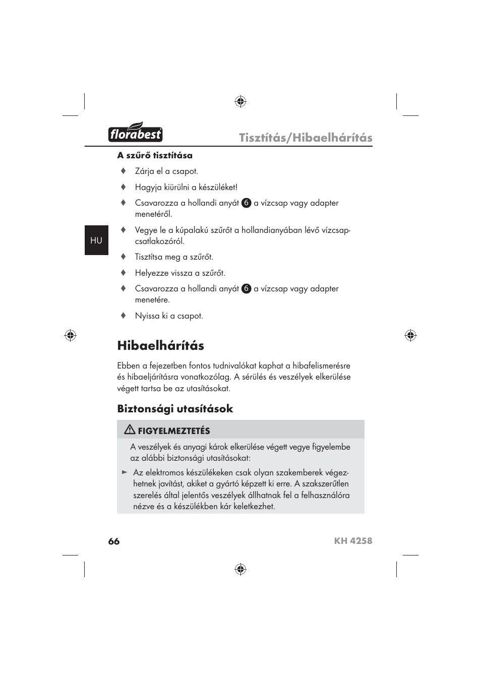 Hibaelhárítás, Tisztítás/hibaelhárítás, Biztonsági utasítások | Florabest KH 4258 User Manual | Page 68 / 170