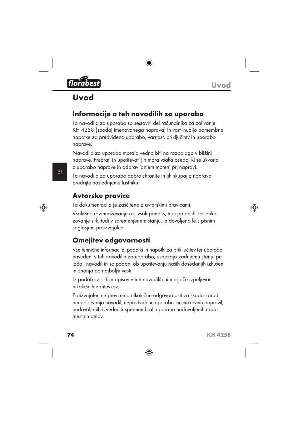 Uvod, Informacije o teh navodilih za uporabo, Avtorske pravice | Omejitev odgovornosti | Florabest KH 4258 User Manual | Page 76 / 170