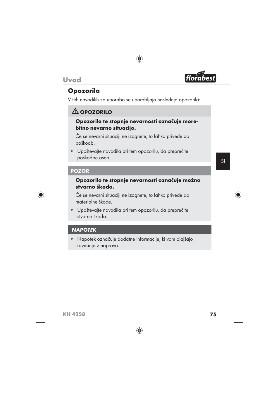 Uvod, Opozorila | Florabest KH 4258 User Manual | Page 77 / 170