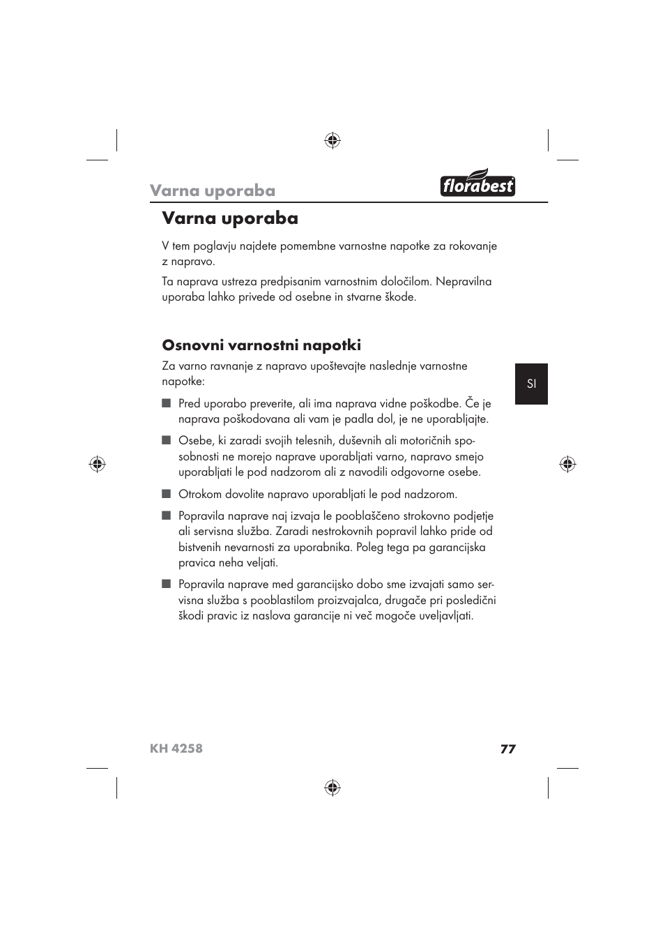 Varna uporaba, Osnovni varnostni napotki | Florabest KH 4258 User Manual | Page 79 / 170