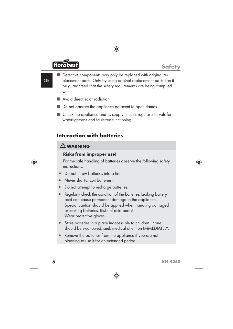 Safety, Interaction with batteries | Florabest KH 4258 User Manual | Page 8 / 170
