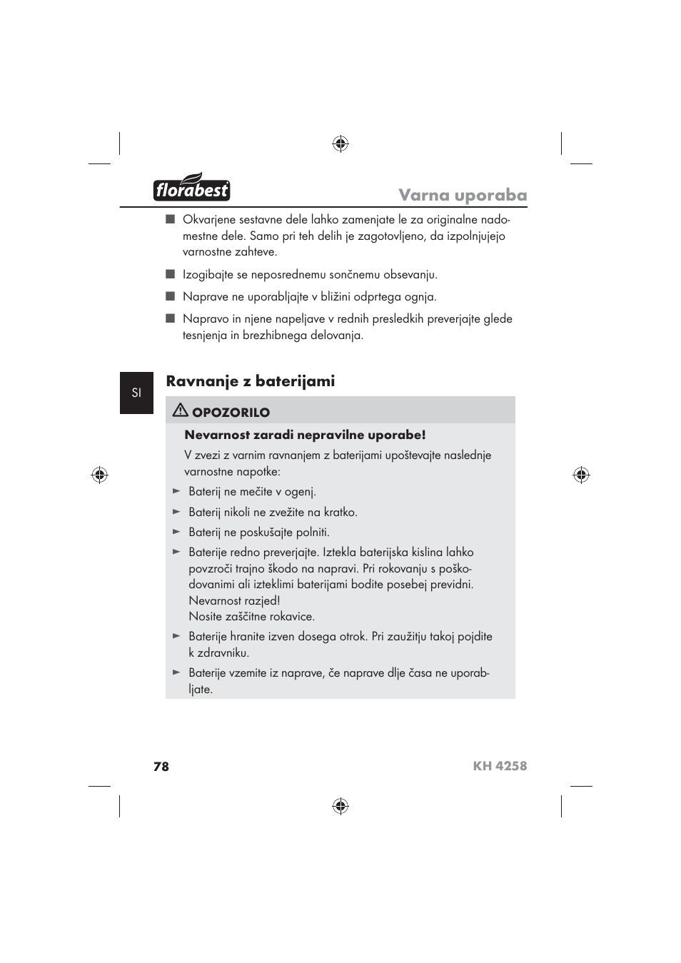 Varna uporaba, Ravnanje z baterijami | Florabest KH 4258 User Manual | Page 80 / 170