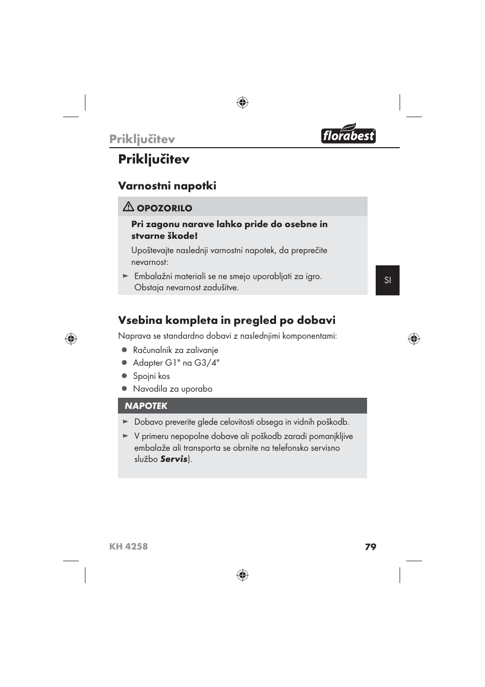 Priključitev, Varnostni napotki, Vsebina kompleta in pregled po dobavi | Florabest KH 4258 User Manual | Page 81 / 170