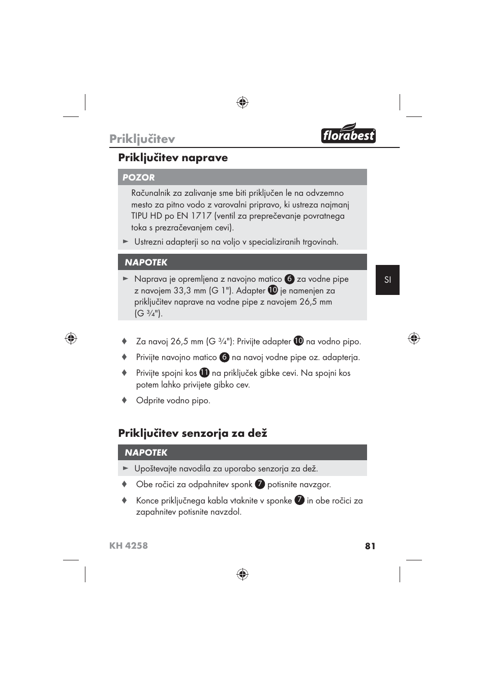 Priključitev, Priključitev naprave, Priključitev senzorja za dež | Florabest KH 4258 User Manual | Page 83 / 170