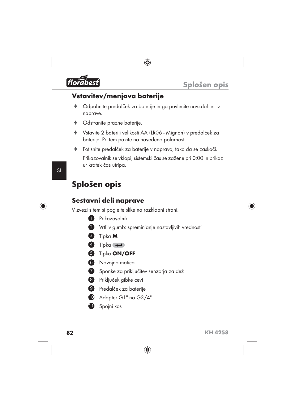 Splošen opis, Vstavitev/menjava baterije, Sestavni deli naprave | Florabest KH 4258 User Manual | Page 84 / 170