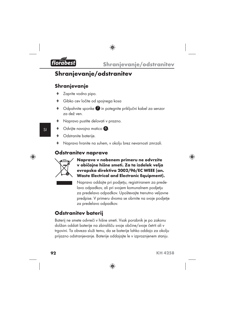 Shranjevanje/odstranitev, Shranjevanje, Odstranitev naprave | Odstranitev baterij | Florabest KH 4258 User Manual | Page 94 / 170