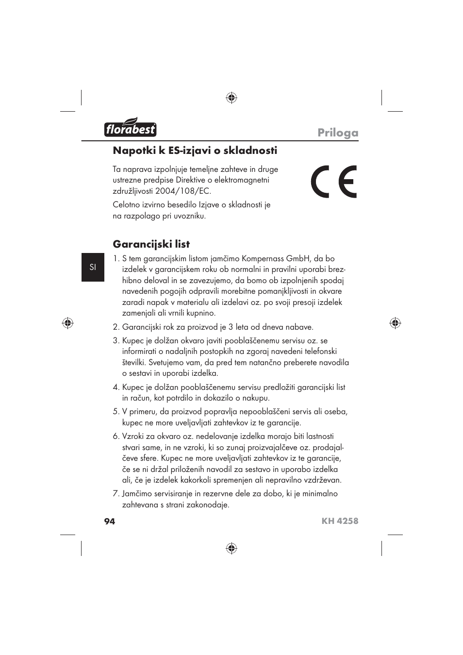 Priloga, Napotki k es-izjavi o skladnosti, Garancijski list | Florabest KH 4258 User Manual | Page 96 / 170