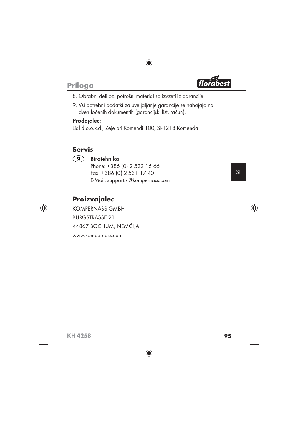 Priloga, Servis, Proizvajalec | Florabest KH 4258 User Manual | Page 97 / 170
