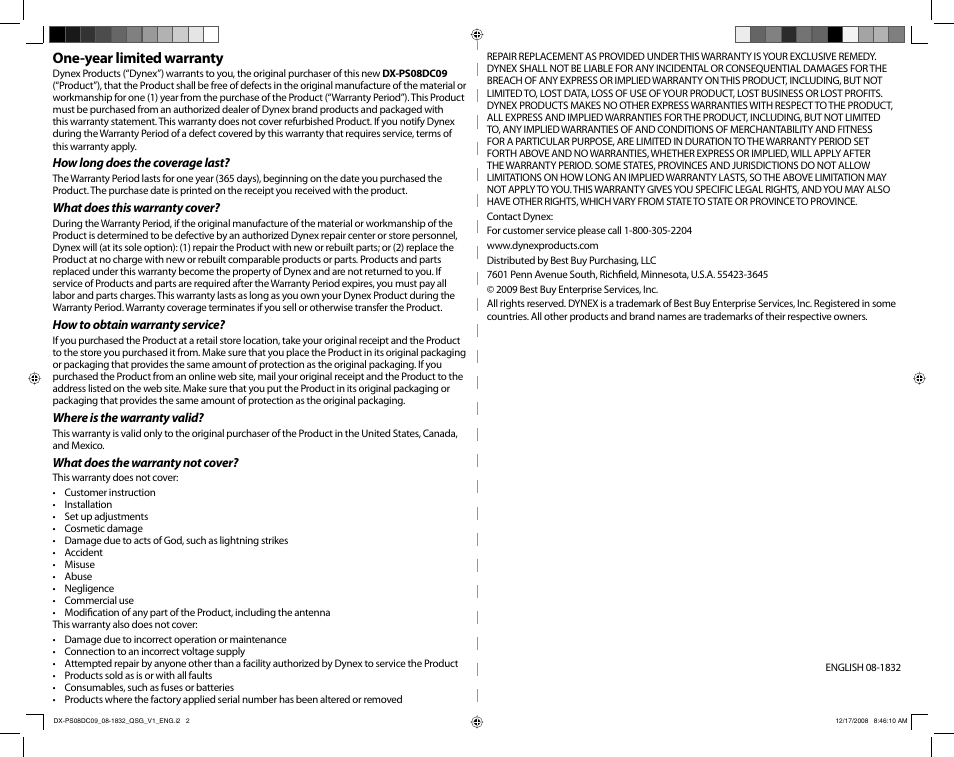 One-year limited warranty | Dynex DX-PS08DC09 User Manual | Page 2 / 2