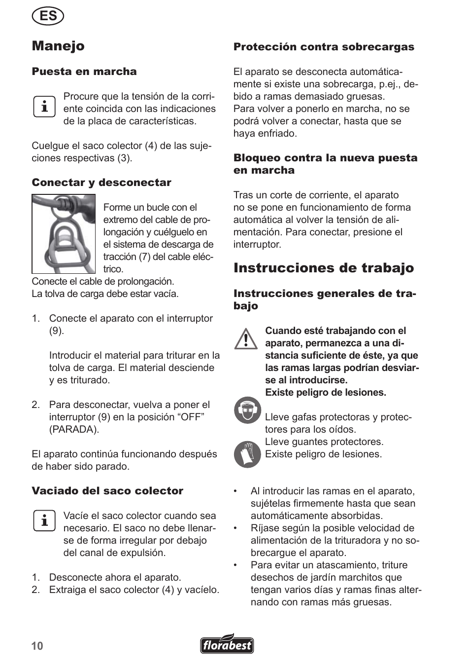 Es manejo, Instrucciones de trabajo | Florabest FMH 2400 A1 User Manual | Page 10 / 58