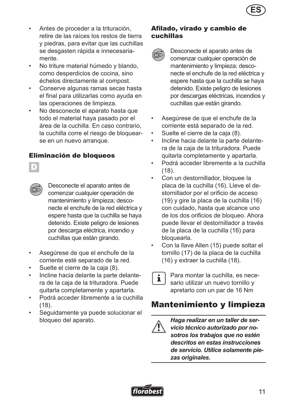 Mantenimiento y limpieza | Florabest FMH 2400 A1 User Manual | Page 11 / 58