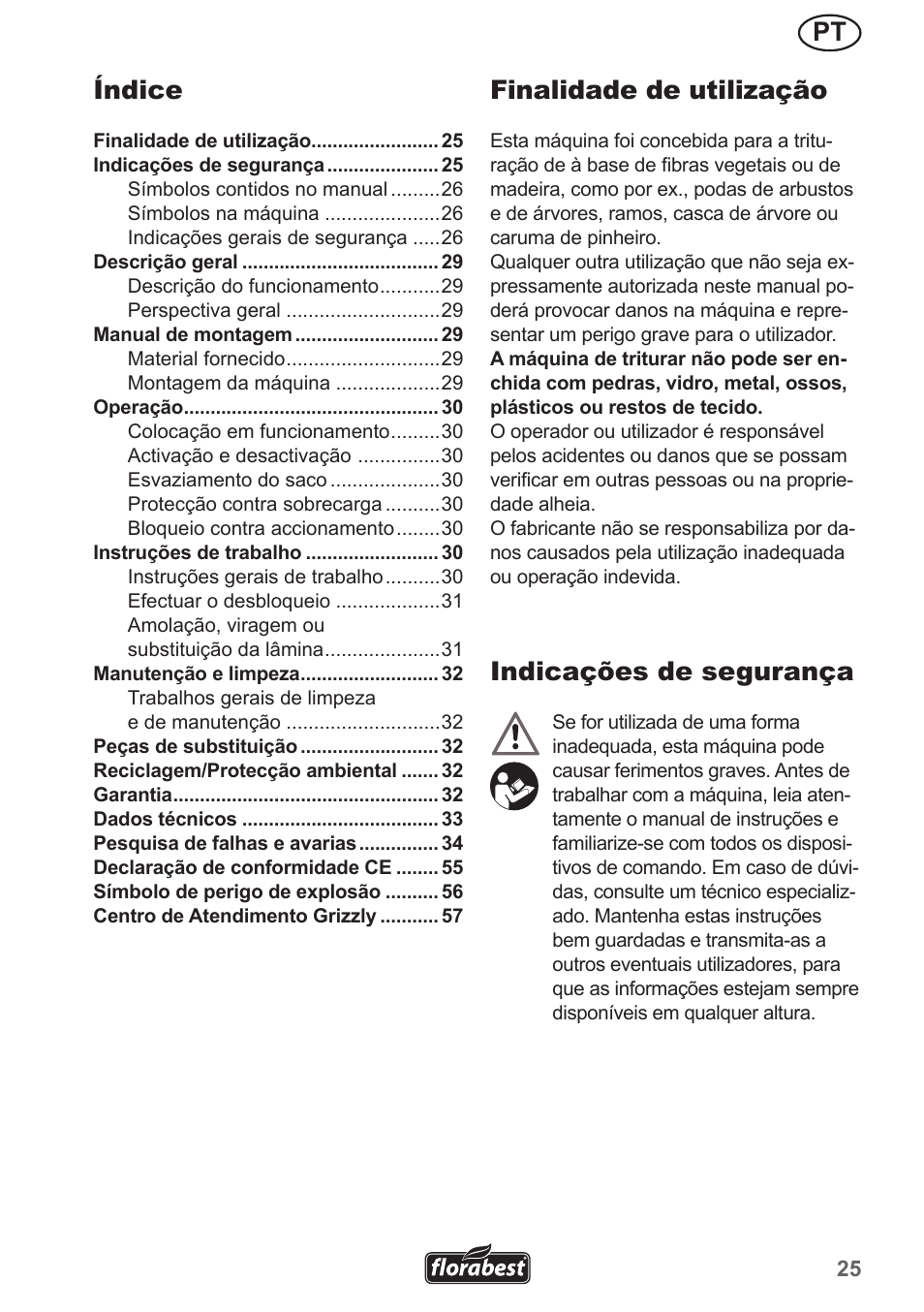 Pt finalidade de utilização, Indicações de segurança, Índice | Florabest FMH 2400 A1 User Manual | Page 25 / 58