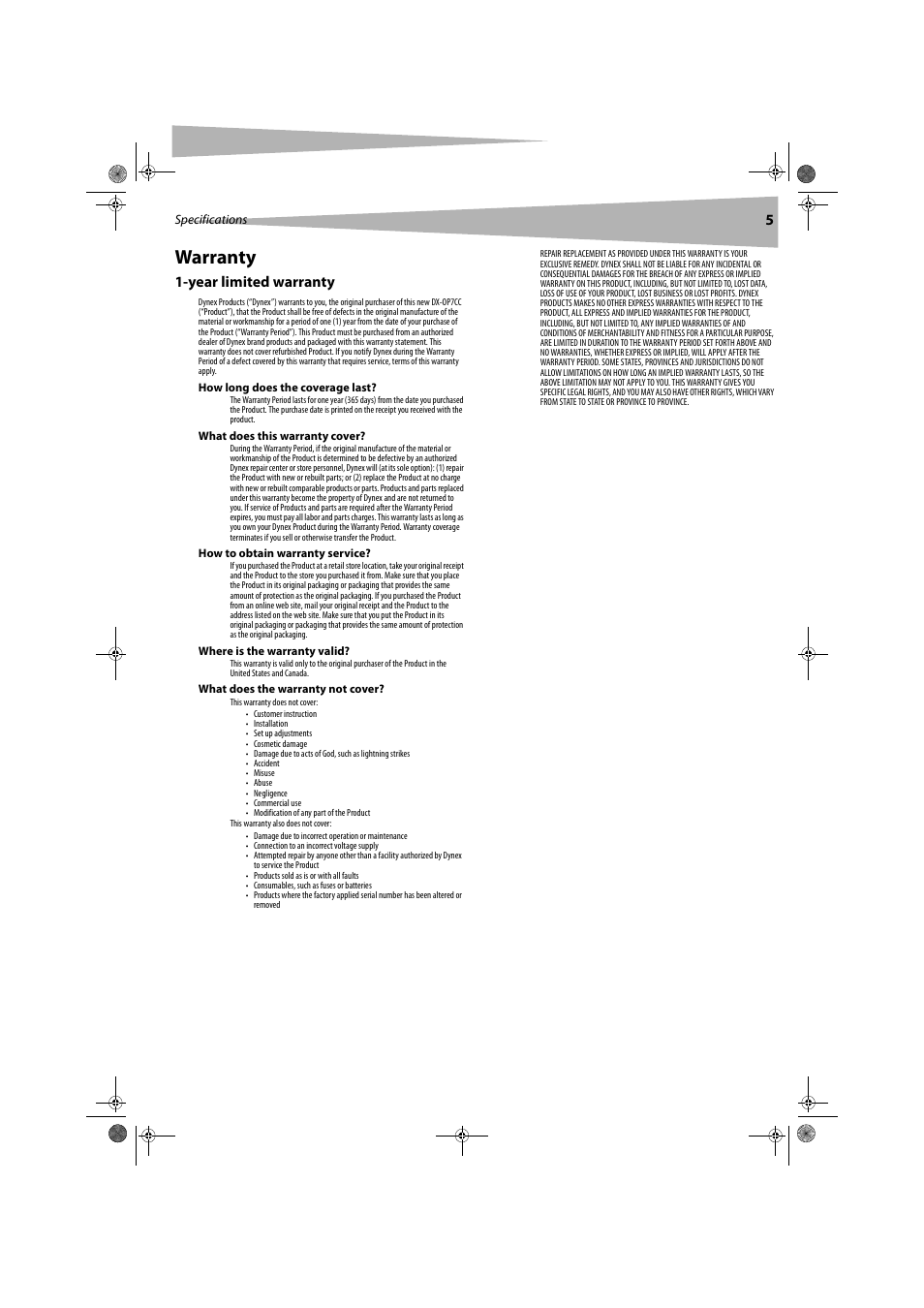 Warranty, Year limited warranty | Dynex DX-OP7CC User Manual | Page 5 / 16