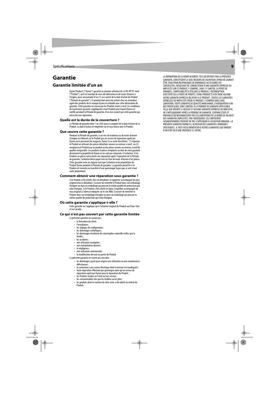 Garantie, Garantie limitée d’un an | Dynex DX-OP7CC User Manual | Page 9 / 16