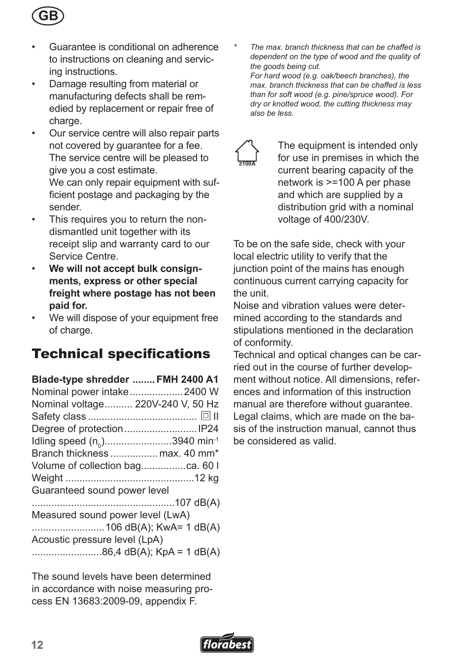 Technical specifications | Florabest FMH 2400 A1 User Manual | Page 12 / 66