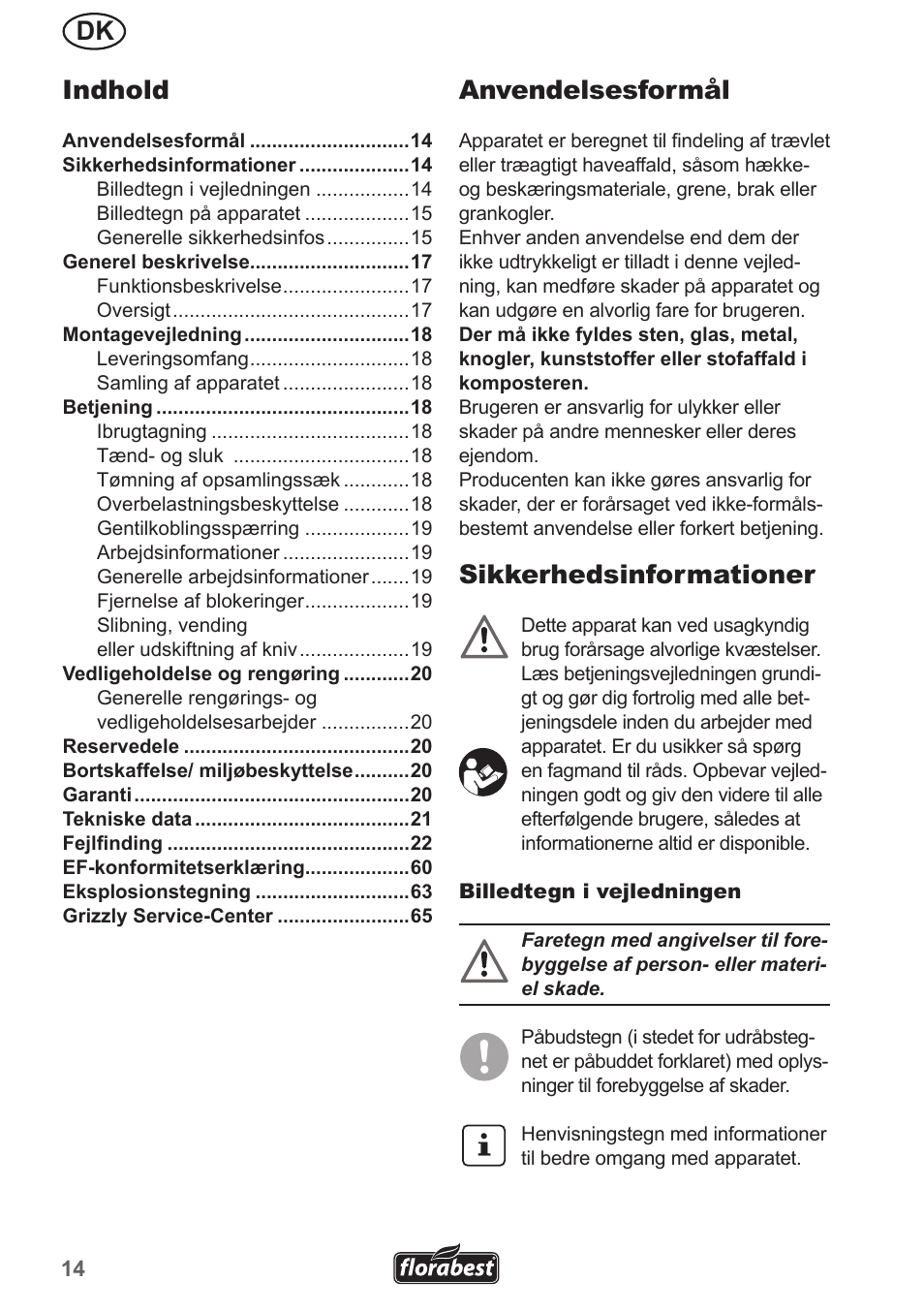 Dk anvendelsesformål, Sikkerhedsinformationer, Indhold | Florabest FMH 2400 A1 User Manual | Page 14 / 66