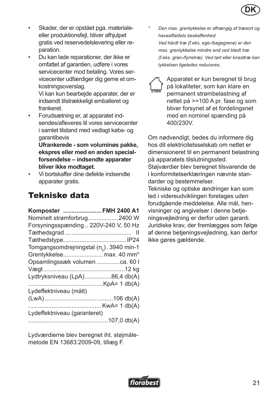 Tekniske data | Florabest FMH 2400 A1 User Manual | Page 21 / 66