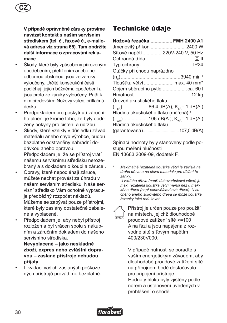 Technické údaje | Florabest FMH 2400 A1 User Manual | Page 30 / 66