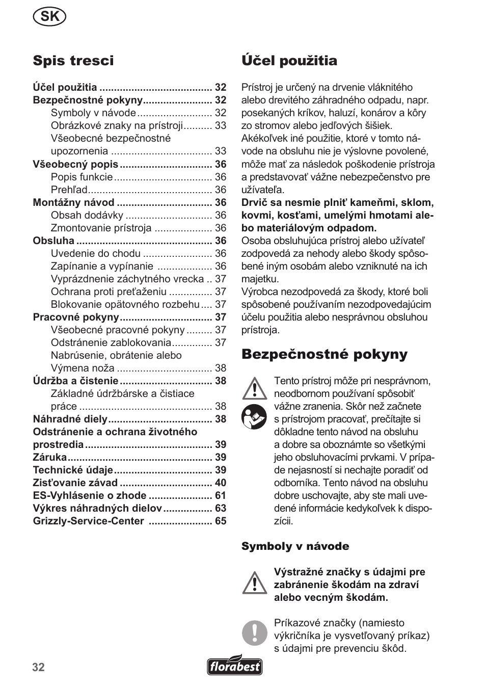 Sk účel použitia, Bezpečnostné pokyny, Spis tresci | Florabest FMH 2400 A1 User Manual | Page 32 / 66