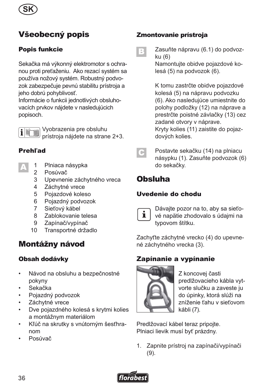 Sk všeobecný popis, Montážny návod, Obsluha | Florabest FMH 2400 A1 User Manual | Page 36 / 66