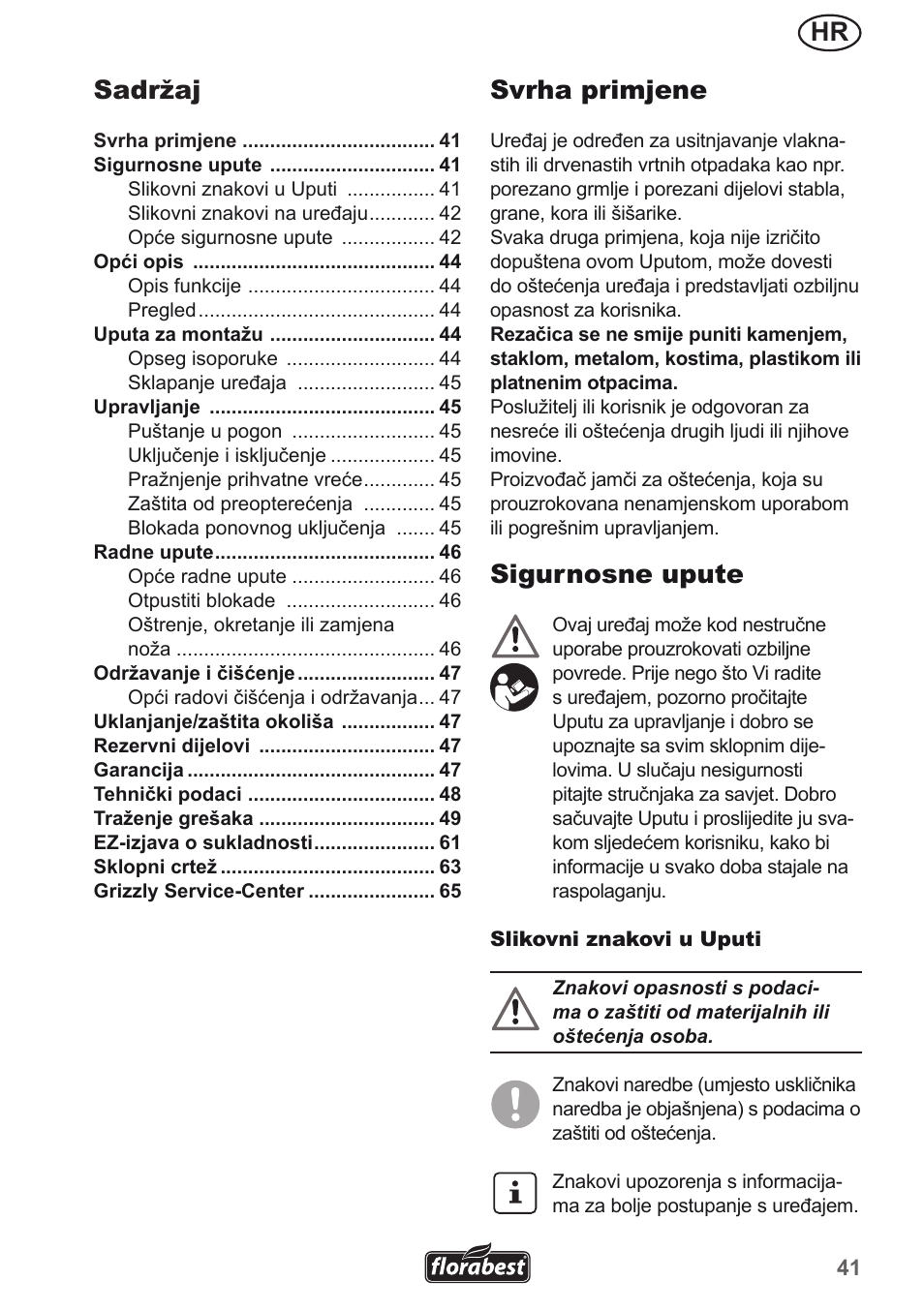 Hr svrha primjene, Sigurnosne upute, Sadržaj | Florabest FMH 2400 A1 User Manual | Page 41 / 66