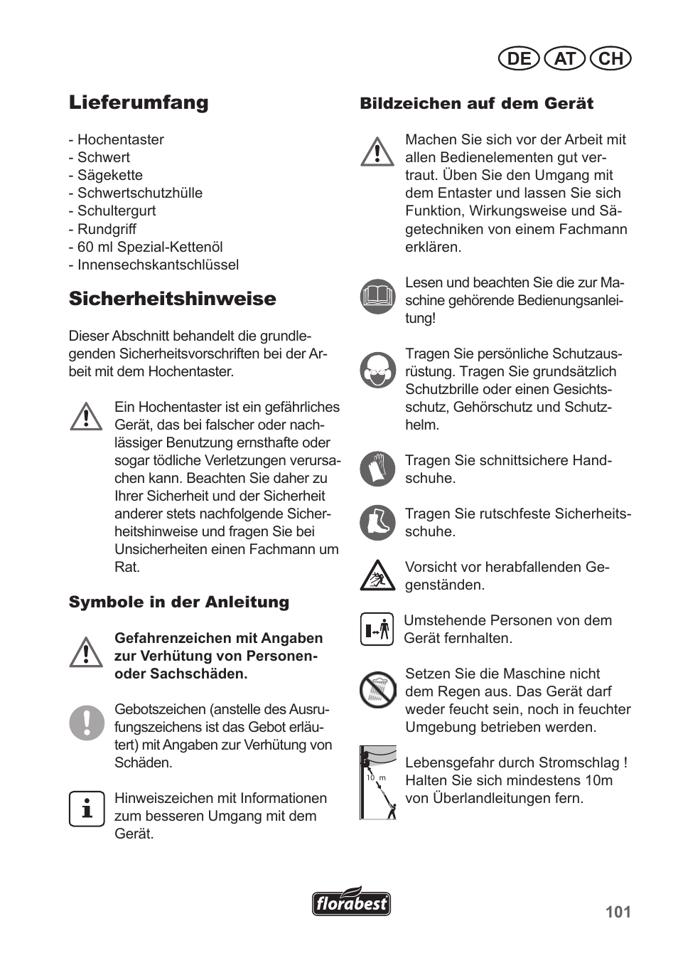 Lieferumfang, Sicherheitshinweise, De at ch | Florabest FHE 550 A1 User Manual | Page 101 / 118