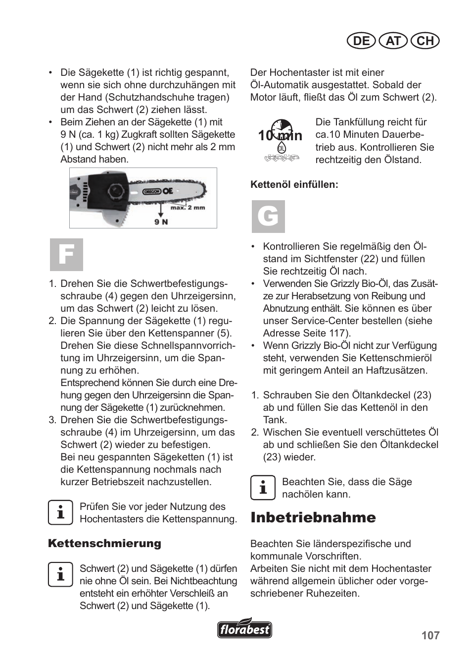 Inbetriebnahme, 10 min, De at ch | Florabest FHE 550 A1 User Manual | Page 107 / 118