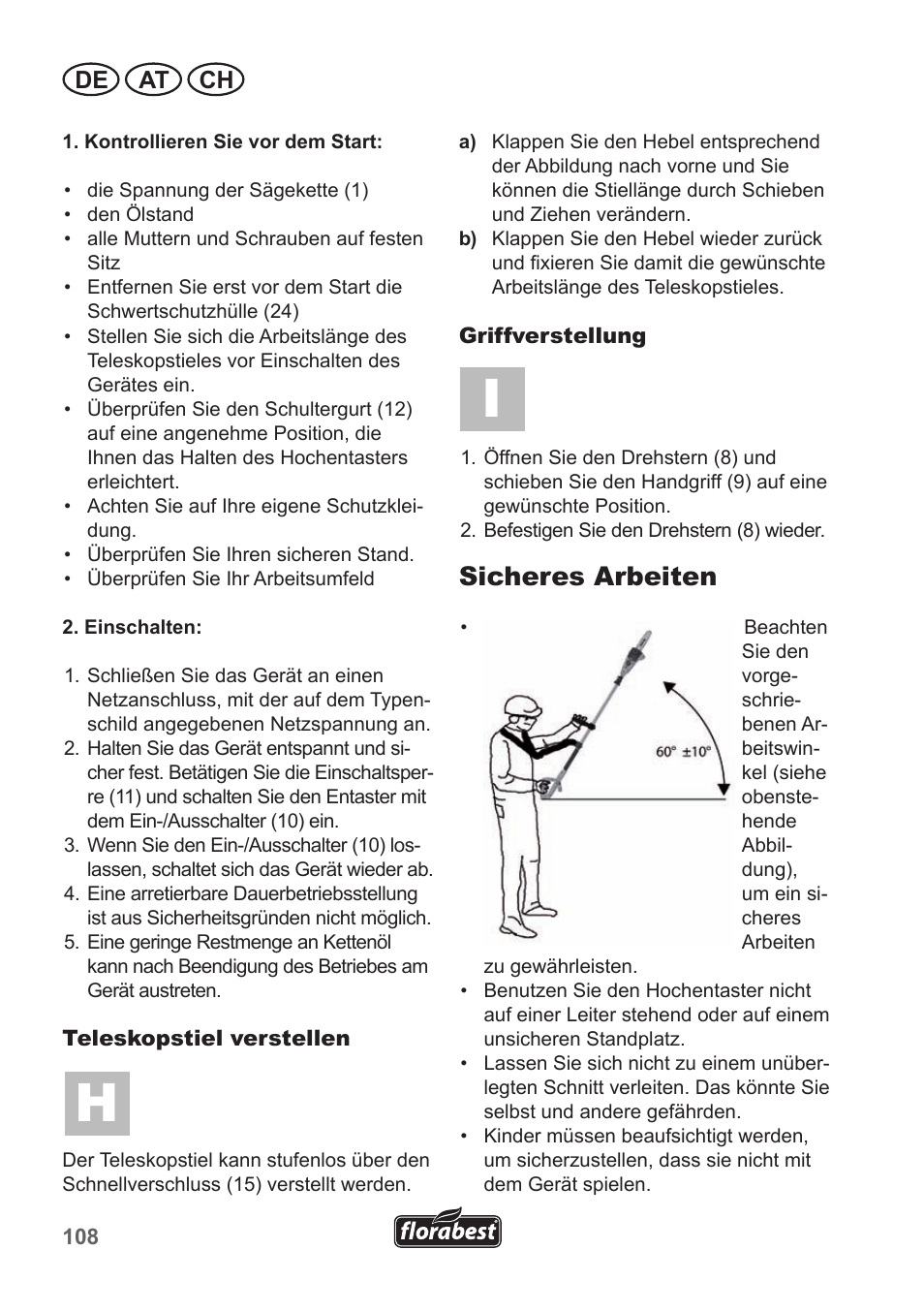 Sicheres arbeiten, De at ch | Florabest FHE 550 A1 User Manual | Page 108 / 118